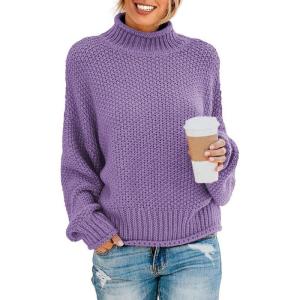 imageDokotoo Womens 2025 Winter Fall Solid Turtleneck High Neck Balloon Long Sleeve Sweaters Pullover OuterwearB Purple