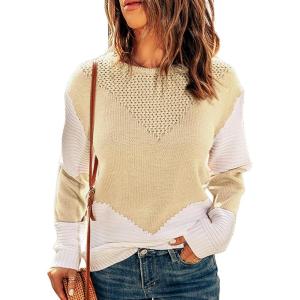 imageDokotoo Womens Crochet Crewneck Long Sleeve Pullovers Color Block Tunic Ribbed Sweaters Jumper TopsApricot