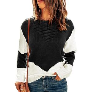 imageDokotoo Womens Crochet Crewneck Long Sleeve Pullovers Color Block Tunic Ribbed Sweaters Jumper TopsBlack