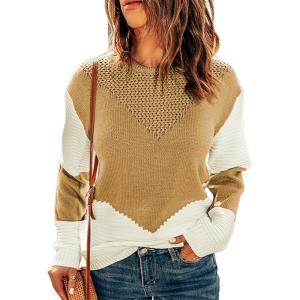 imageDokotoo Womens Crochet Crewneck Long Sleeve Pullovers Color Block Tunic Ribbed Sweaters Jumper TopsBrown