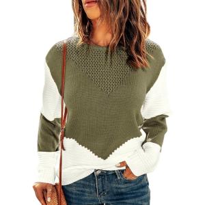 imageDokotoo Womens Crochet Crewneck Long Sleeve Pullovers Color Block Tunic Ribbed Sweaters Jumper TopsGreen