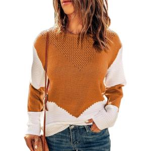 imageDokotoo Womens Crochet Crewneck Long Sleeve Pullovers Color Block Tunic Ribbed Sweaters Jumper TopsOrange