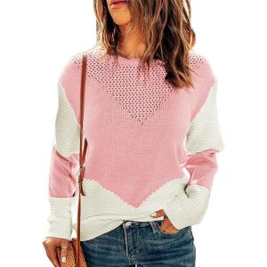 imageDokotoo Womens Crochet Crewneck Long Sleeve Pullovers Color Block Tunic Ribbed Sweaters Jumper TopsPink