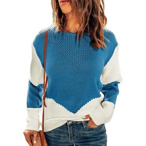 imageDokotoo Womens Crochet Crewneck Long Sleeve Pullovers Color Block Tunic Ribbed Sweaters Jumper TopsSky Blue
