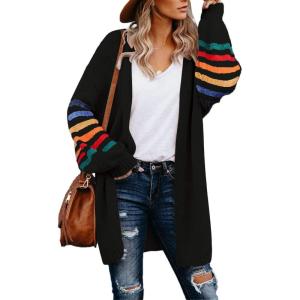 imageDokotoo Womens Long Open Front Cardigans Striped Color Block Loose Knit Sweaters Outwear CoatA Black