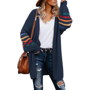 imageDokotoo Womens Long Open Front Cardigans Striped Color Block Loose Knit Sweaters Outwear CoatA Blue