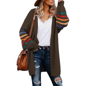 imageDokotoo Womens Long Open Front Cardigans Striped Color Block Loose Knit Sweaters Outwear CoatA Brown