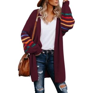 imageDokotoo Womens Long Open Front Cardigans Striped Color Block Loose Knit Sweaters Outwear CoatA Red