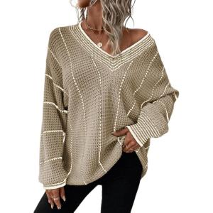 imageDokotoo Womens Oversized Striped Tunic Sweaters Casual V Neck Long Sleeve Color Block Knit Pullover Jumper TopsApricot