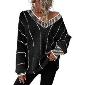 imageDokotoo Womens Oversized Striped Tunic Sweaters Casual V Neck Long Sleeve Color Block Knit Pullover Jumper TopsBlack