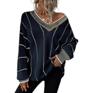 imageDokotoo Womens Oversized Striped Tunic Sweaters Casual V Neck Long Sleeve Color Block Knit Pullover Jumper TopsBlue