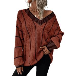 imageDokotoo Womens Oversized Striped Tunic Sweaters Casual V Neck Long Sleeve Color Block Knit Pullover Jumper TopsBrown 2