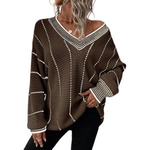 imageDokotoo Womens Oversized Striped Tunic Sweaters Casual V Neck Long Sleeve Color Block Knit Pullover Jumper TopsBrown