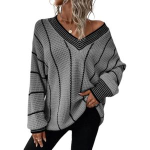imageDokotoo Womens Oversized Striped Tunic Sweaters Casual V Neck Long Sleeve Color Block Knit Pullover Jumper TopsGrey