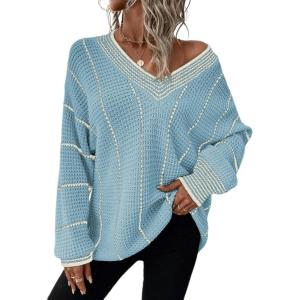 imageDokotoo Womens Oversized Striped Tunic Sweaters Casual V Neck Long Sleeve Color Block Knit Pullover Jumper TopsSky Blue