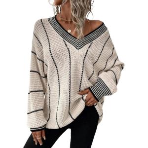 imageDokotoo Womens Oversized Striped Tunic Sweaters Casual V Neck Long Sleeve Color Block Knit Pullover Jumper TopsWhite