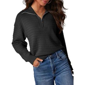 imageDokotoo Womens Quarter Zip Pullover Turtleneck Sweater Long Sleeve Fall Outfits Ribbed Knit Winter SweatersBlack