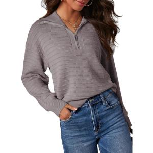 imageDokotoo Womens Quarter Zip Pullover Turtleneck Sweater Long Sleeve Fall Outfits Ribbed Knit Winter SweatersGray