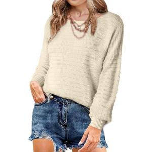 imageDokotoo Womens Ribbed Knit Textured Drop Shoulder Long Sleeve Crew Neck Pullover SweatersApricot