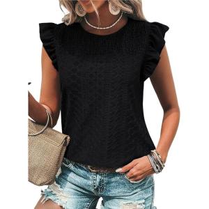 imageDokotoo Womens Summer Knit Tops 2025 Hollow Out Crewneck Cute Ruffle Short Sleeve Womens T Shirts BlousesBlack