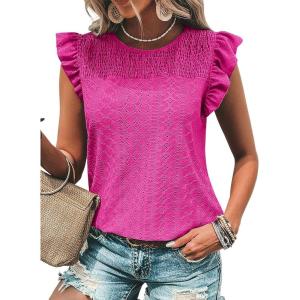 imageDokotoo Womens Summer Knit Tops 2025 Hollow Out Crewneck Cute Ruffle Short Sleeve Womens T Shirts BlousesBright Pink