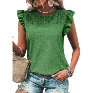 imageDokotoo Womens Summer Knit Tops 2025 Hollow Out Crewneck Cute Ruffle Short Sleeve Womens T Shirts BlousesGreen