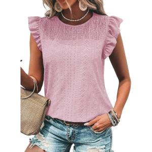 imageDokotoo Womens Summer Knit Tops 2025 Hollow Out Crewneck Cute Ruffle Short Sleeve Womens T Shirts BlousesLight Pink
