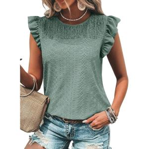 imageDokotoo Womens Summer Knit Tops 2025 Hollow Out Crewneck Cute Ruffle Short Sleeve Womens T Shirts BlousesMist Green