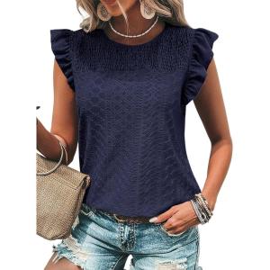 imageDokotoo Womens Summer Knit Tops 2025 Hollow Out Crewneck Cute Ruffle Short Sleeve Womens T Shirts BlousesNavy Blue