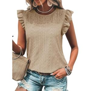 imageDokotoo Womens Summer Knit Tops 2025 Hollow Out Crewneck Cute Ruffle Short Sleeve Womens T Shirts BlousesTan