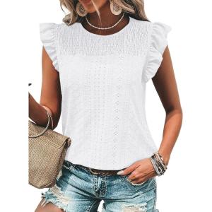 imageDokotoo Womens Summer Knit Tops 2025 Hollow Out Crewneck Cute Ruffle Short Sleeve Womens T Shirts BlousesWhite