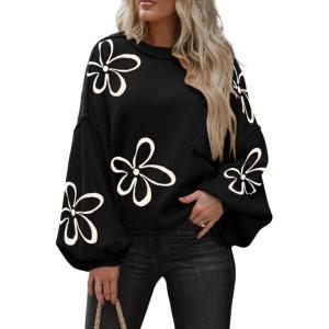 imageDokotoo Womens Sweater 2025 Fall Winter Long Sleeve Casual Tops Ribbed Hem Knitwear Lantern Pullover SweaterBlack B