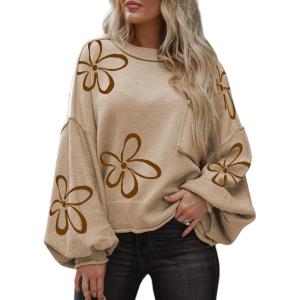 imageDokotoo Womens Sweater 2025 Fall Winter Long Sleeve Casual Tops Ribbed Hem Knitwear Lantern Pullover SweaterKhaki