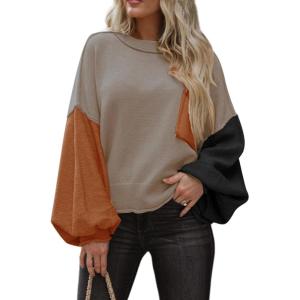 imageDokotoo Womens Sweater 2025 Fall Winter Long Sleeve Casual Tops Ribbed Hem Knitwear Lantern Pullover SweaterPale Khaki