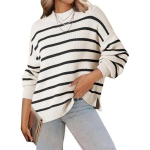 imageDokotoo Womens Sweater 2025 Fall Winter Striped Sweaters Casual Trendy SweaterBeige Stripe