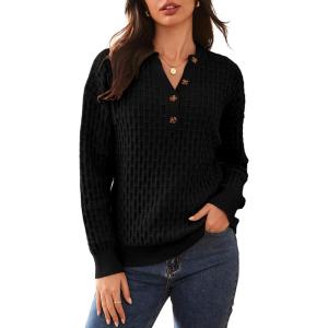 imageDokotoo Womens Sweaters 2025 Casual Long Sleeve Henley Shirts V Neck Textured Button Fall Sweater Loose Fit Jumper TopsBlack