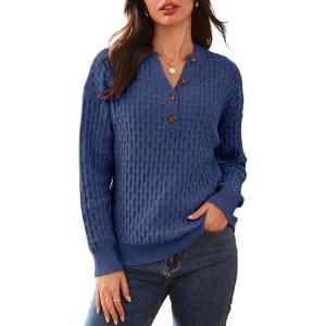 imageDokotoo Womens Sweaters 2025 Casual Long Sleeve Henley Shirts V Neck Textured Button Fall Sweater Loose Fit Jumper TopsBlue
