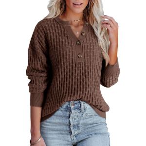 imageDokotoo Womens Sweaters 2025 Casual Long Sleeve Henley Shirts V Neck Textured Button Fall Sweater Loose Fit Jumper TopsBrown