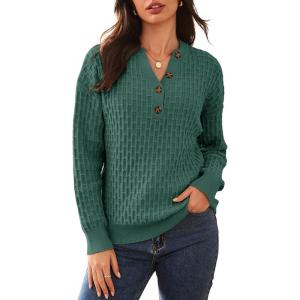 imageDokotoo Womens Sweaters 2025 Casual Long Sleeve Henley Shirts V Neck Textured Button Fall Sweater Loose Fit Jumper TopsGreen