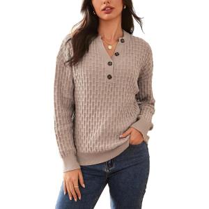 imageDokotoo Womens Sweaters 2025 Casual Long Sleeve Henley Shirts V Neck Textured Button Fall Sweater Loose Fit Jumper TopsKhaki