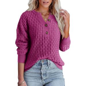 imageDokotoo Womens Sweaters 2025 Casual Long Sleeve Henley Shirts V Neck Textured Button Fall Sweater Loose Fit Jumper TopsPink