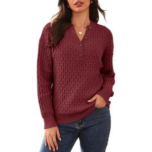 imageDokotoo Womens Sweaters 2025 Casual Long Sleeve Henley Shirts V Neck Textured Button Fall Sweater Loose Fit Jumper TopsRed