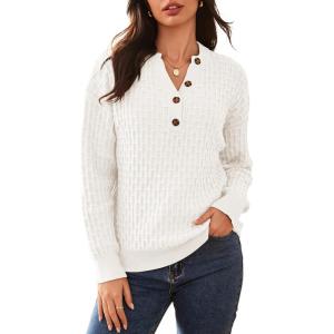 imageDokotoo Womens Sweaters 2025 Casual Long Sleeve Henley Shirts V Neck Textured Button Fall Sweater Loose Fit Jumper TopsWhite