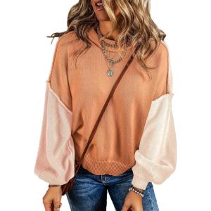 imageDokotoo Womens Sweaters Colorblock Crewneck Cotton Long Sleeve Fall Winter Knit Pullover Jumper TopsGrapefruit Orange