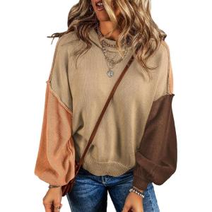 imageDokotoo Womens Sweaters Colorblock Crewneck Cotton Long Sleeve Fall Winter Knit Pullover Jumper TopsKhaki