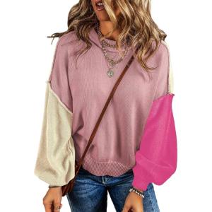imageDokotoo Womens Sweaters Colorblock Crewneck Cotton Long Sleeve Fall Winter Knit Pullover Jumper TopsLight Pink