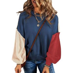 imageDokotoo Womens Sweaters Colorblock Crewneck Cotton Long Sleeve Fall Winter Knit Pullover Jumper TopsNavy Blue