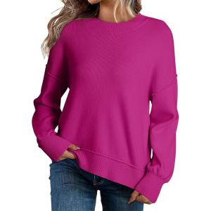 imageDokotoo Womens Sweaters Colorblock Crewneck Cotton Long Sleeve Fall Winter Knit Pullover Jumper TopsZ Rose Red 1