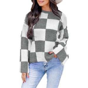 imageDokotoo Womens Sweaters Crewneck Checkered Bell Sleeve Sweater Knit Pullover TopsGray