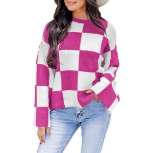 imageDokotoo Womens Sweaters Crewneck Checkered Bell Sleeve Sweater Knit Pullover TopsRose